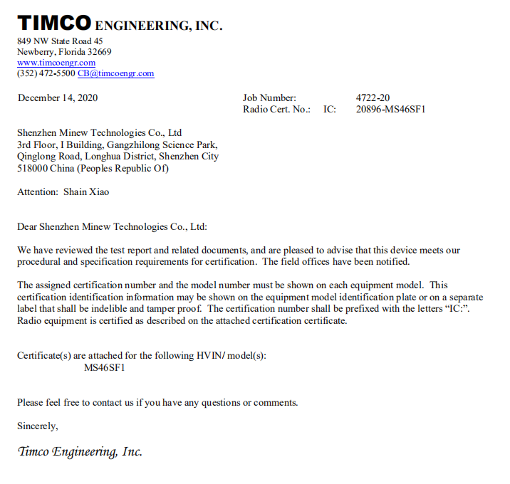 minew module MS46SF1 Get Canada (IC) certification